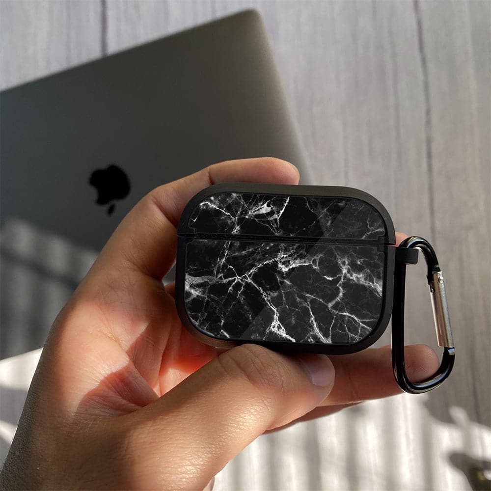 Apple Airpods Pro Case - Black Marble Series 04 - Premium Print with holding clip