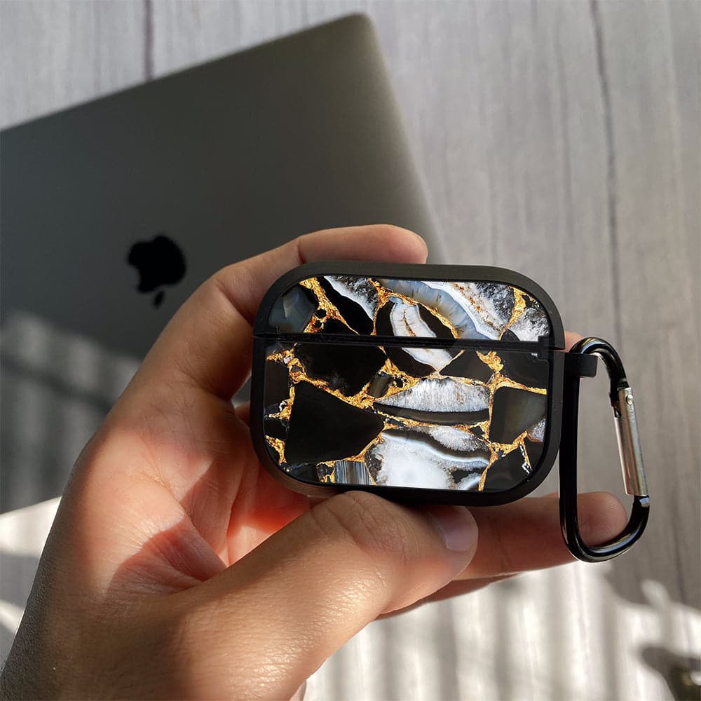 Apple Airpods Pro Case - Black Marble Series 05 - Premium Print with holding clip