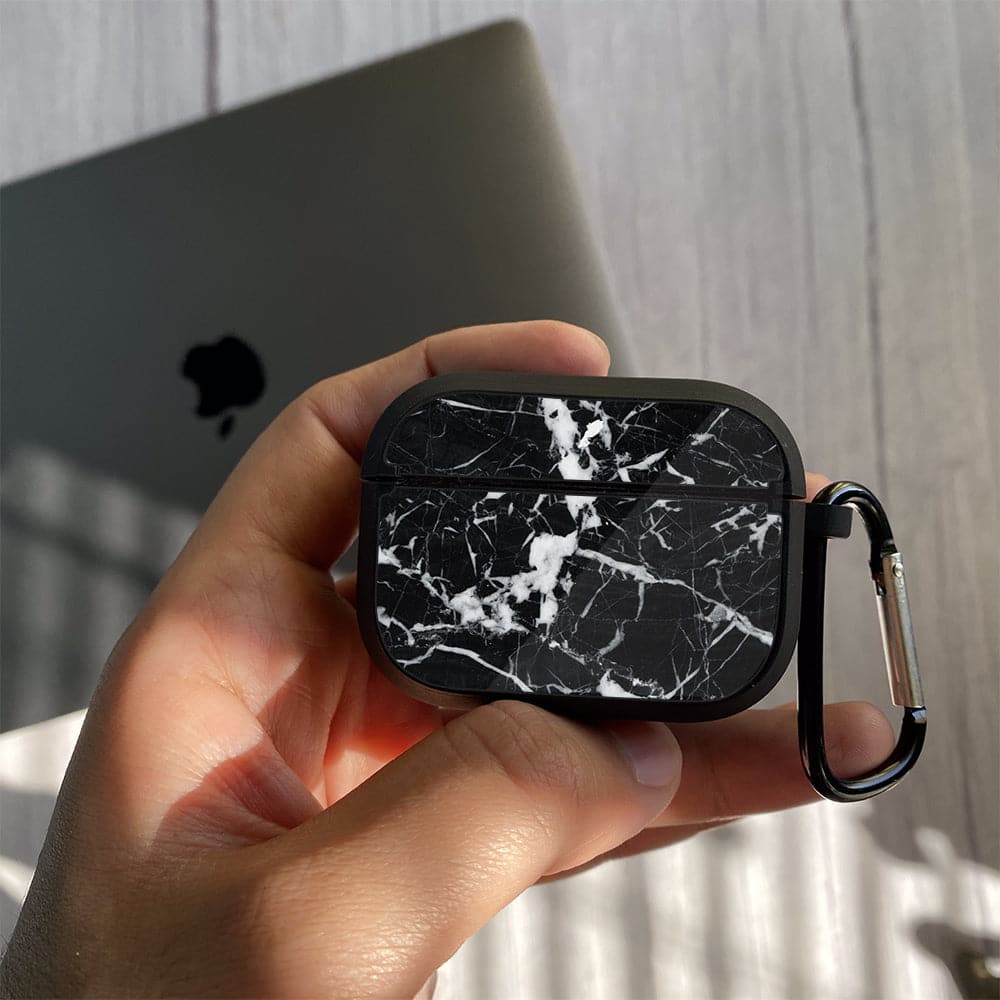 Apple Airpods Pro Case - Black Marble Series 06 - Premium Print with holding clip